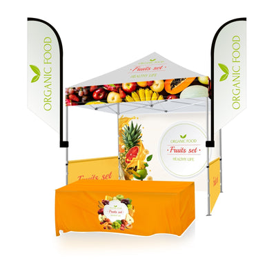 10' X 10' Tent w/ Full Color Canopy, Back Wall, Side Walls, 6' Table Cover, and (2) 8' Feathered Flags